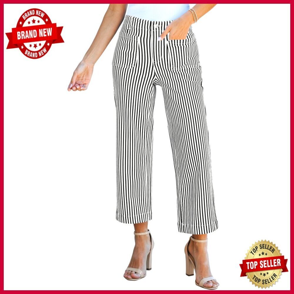 High Waisted Wide Leg Cropped Jeans Stretchy Denim Pinstripe Pants Women's